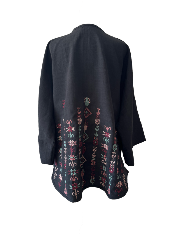 The Oversized Kimono Cut Jacket With Pastel Mix Embroidery in Black