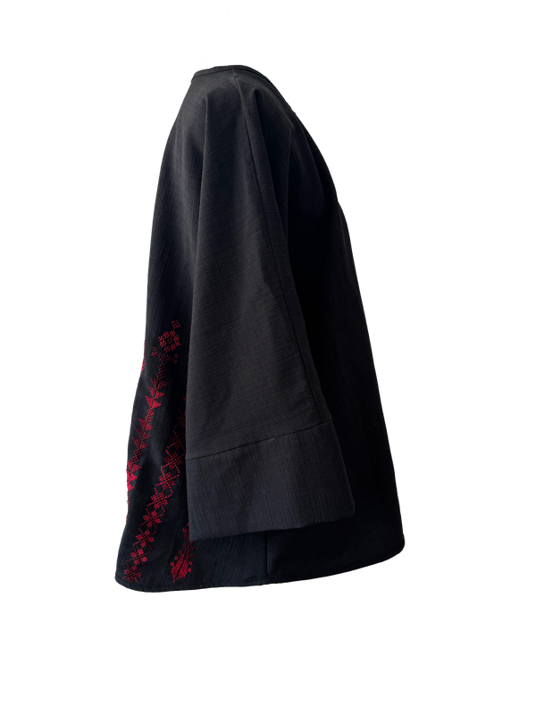 The Oversized Kimono Cut Jacket With Red Embroidery in Black