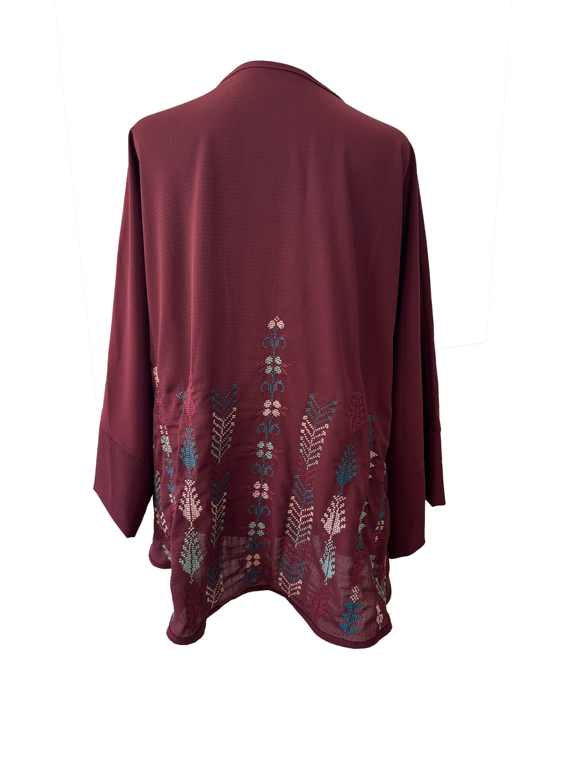 The Oversized Kimono Cut Jacket With Light Embroidery in Burgundy C