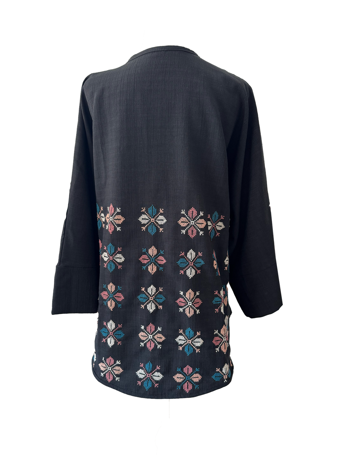 The Oversized Kimono Cut Jacket With Flower Embroidery in Black