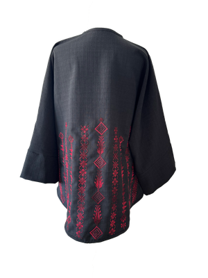 The Oversized Kimono Cut Jacket With Red Gradient Embroidery in Black