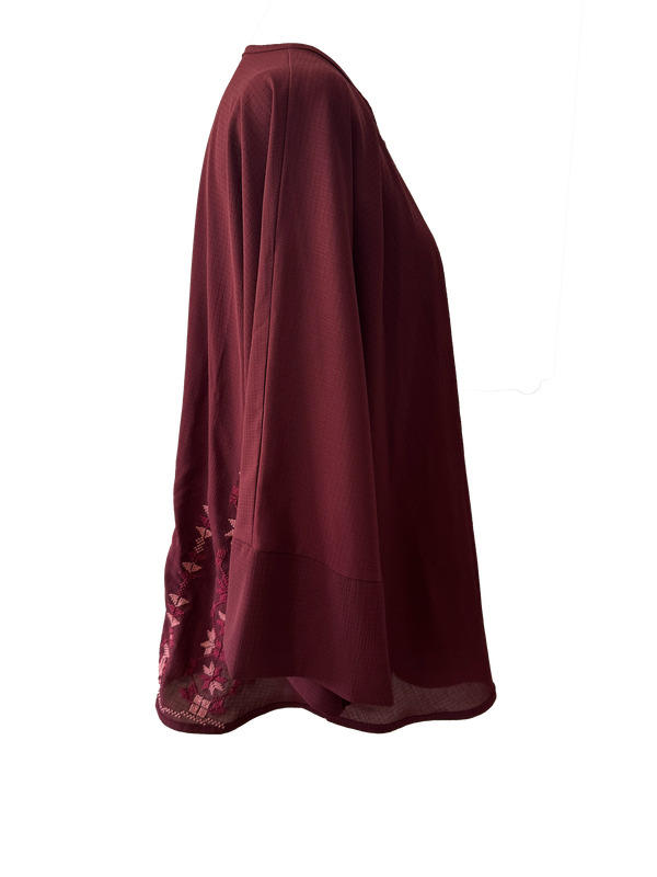 The Oversized Kimono Cut Jacket With Light Embroidery in Burgundy A
