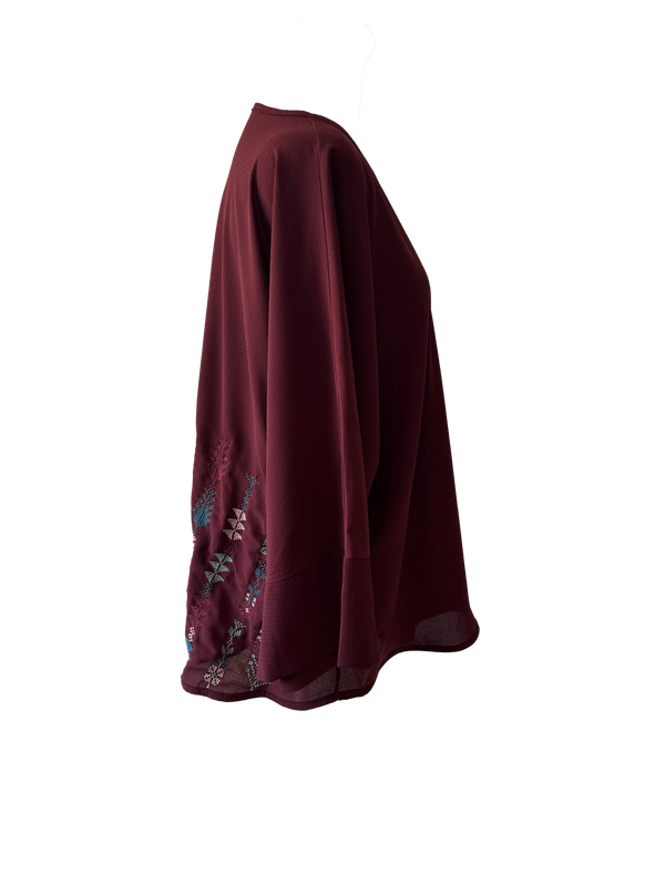 The Oversized Kimono Cut Jacket With Light Embroidery in Burgundy C
