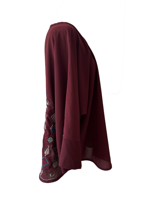 The Oversized Kimono Cut Jacket With Light Embroidery in Burgundy E