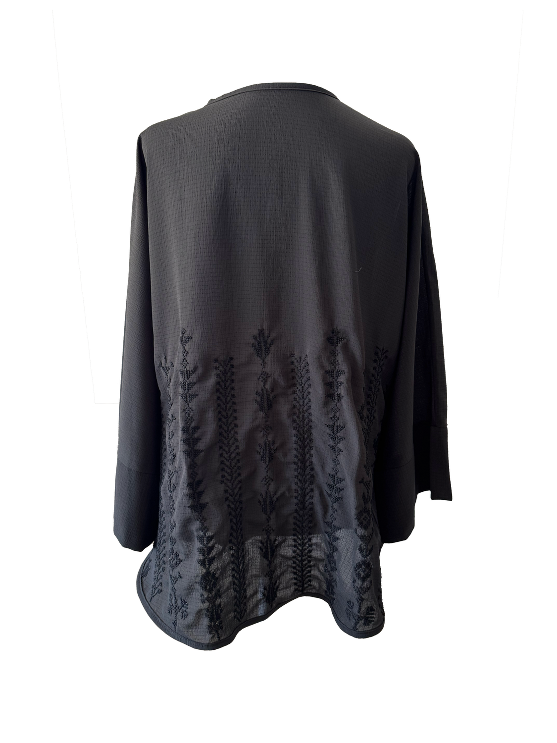 The Oversized Kimono Cut Jacket With Black Embroidery in Sheer Black