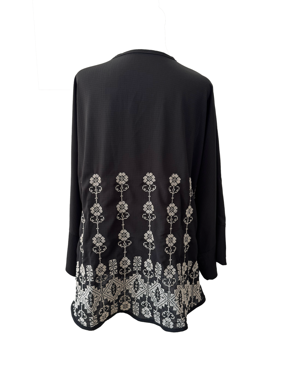 The Oversized Kimono Cut Jacket With White Embroidery in Sheer Black