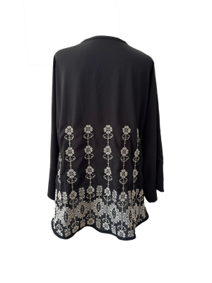The Oversized Kimono Cut Jacket With White Embroidery in Sheer Black