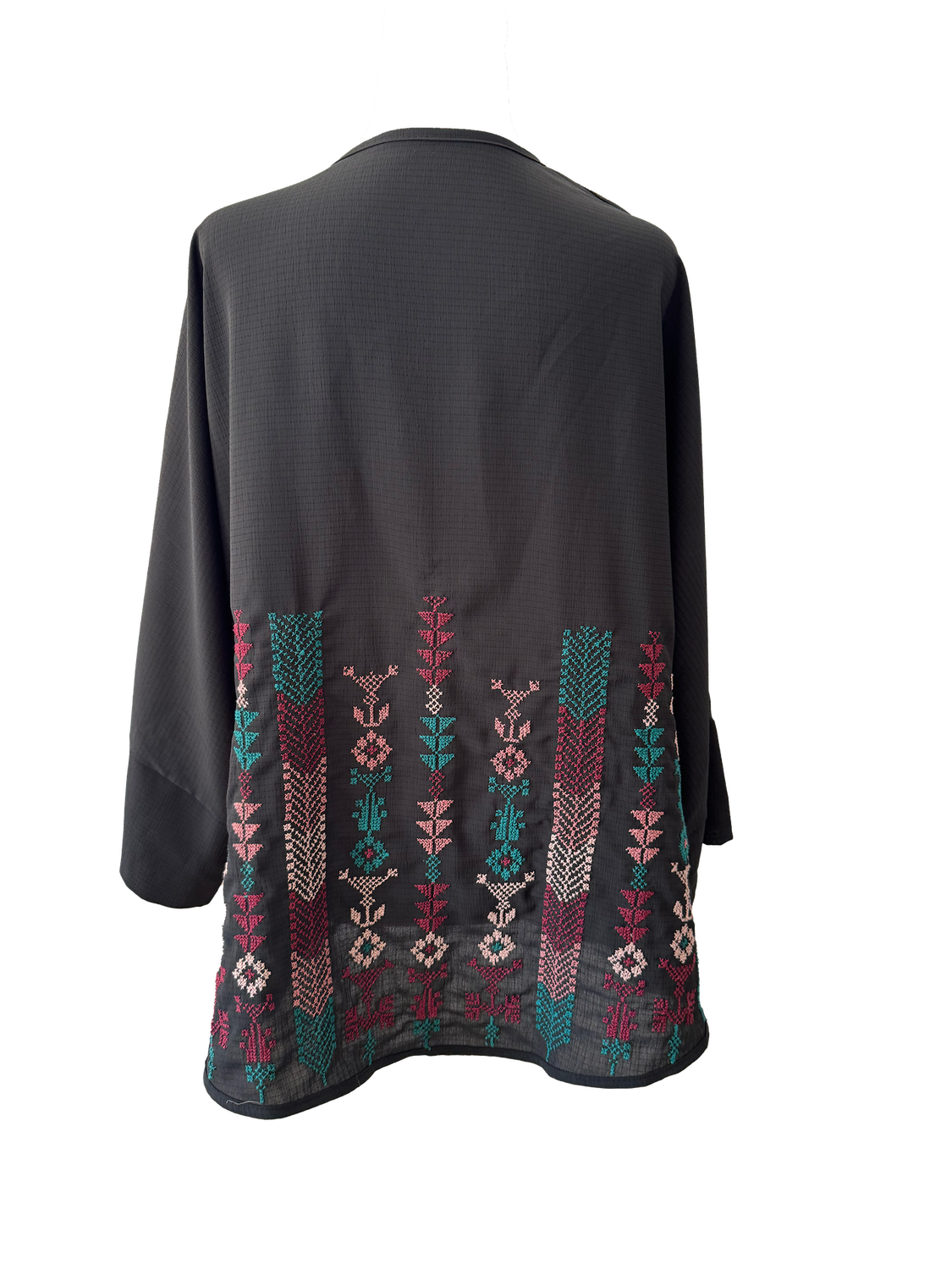 The Oversized Kimono Cut Jacket With Multi Embroidery in Sheer Black