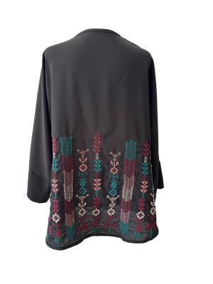 The Oversized Kimono Cut Jacket With Multi Embroidery in Sheer Black