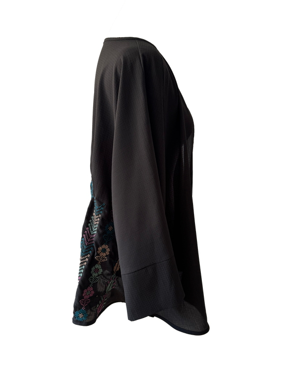The Oversized Kimono Cut Jacket With Pastel Mix Embroidery in Sheer Black
