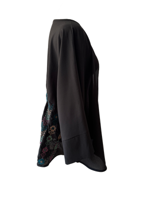 The Oversized Kimono Cut Jacket With Pastel Mix Embroidery in Sheer Black