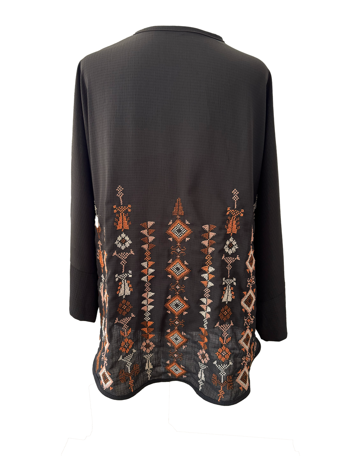 The Oversized Kimono Cut Jacket With Brown Embroidery in Sheer Black