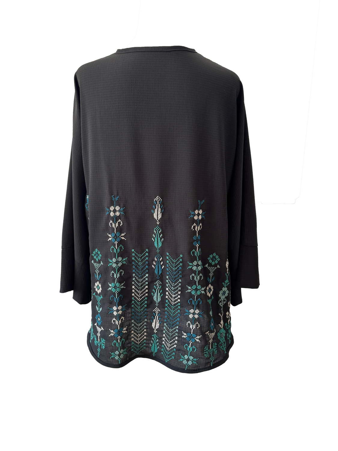 The Oversized Kimono Cut Jacket With Turquoise Embroidery in Sheer Black