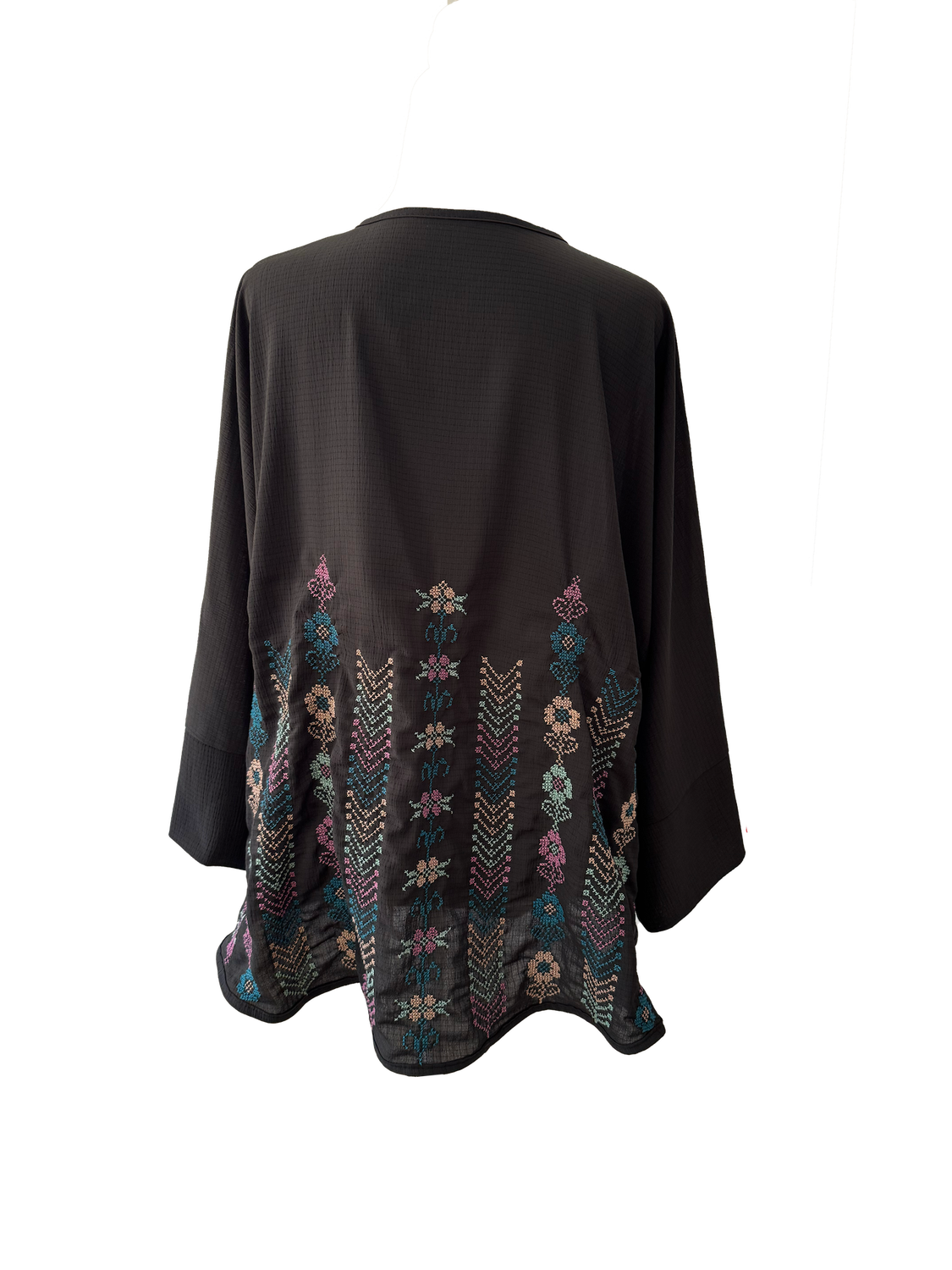 The Oversized Kimono Cut Jacket With Pastel Mix Embroidery in Sheer Black
