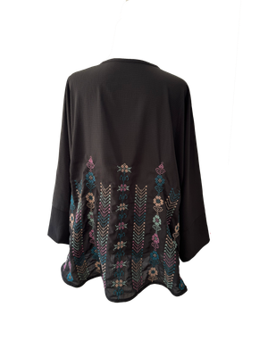The Oversized Kimono Cut Jacket With Pastel Mix Embroidery in Sheer Black