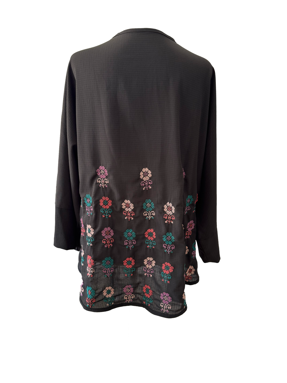 The Oversized Kimono Cut Jacket With Floral Embroidery in Sheer Black