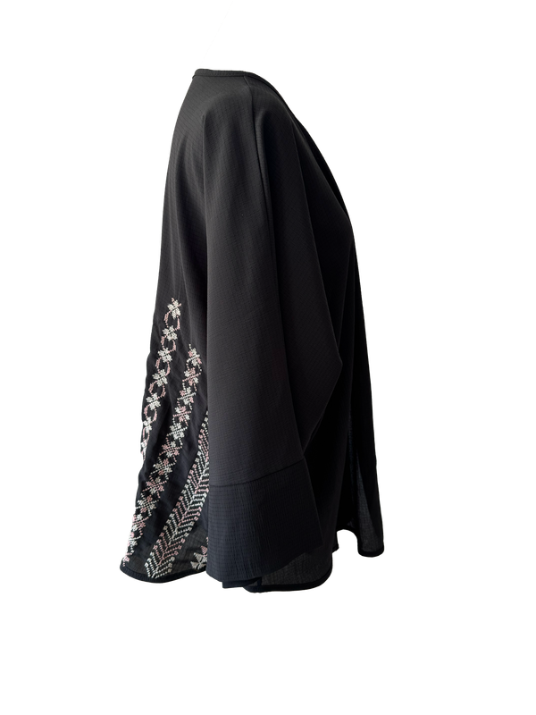The Oversized Kimono Cut Jacket With Pastel Pink Embroidery in Sheer Black