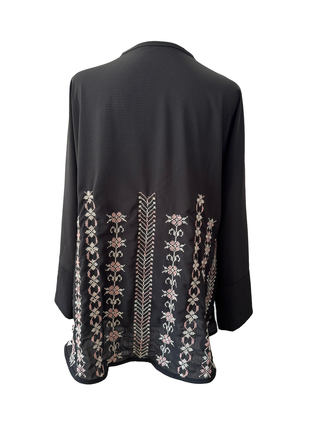The Oversized Kimono Cut Jacket With Pastel Pink Embroidery in Sheer Black