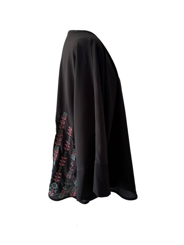 The Oversized Kimono Cut Jacket With Pink and Blue Embroidery in Sheer Black