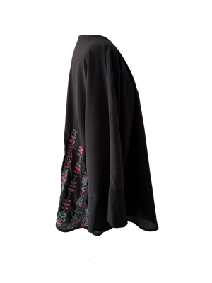 The Oversized Kimono Cut Jacket With Pink and Blue Embroidery in Sheer Black