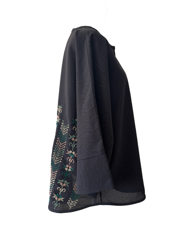 The Oversized Kimono Cut Jacket With Multi Embroidery in Dark Charcoal