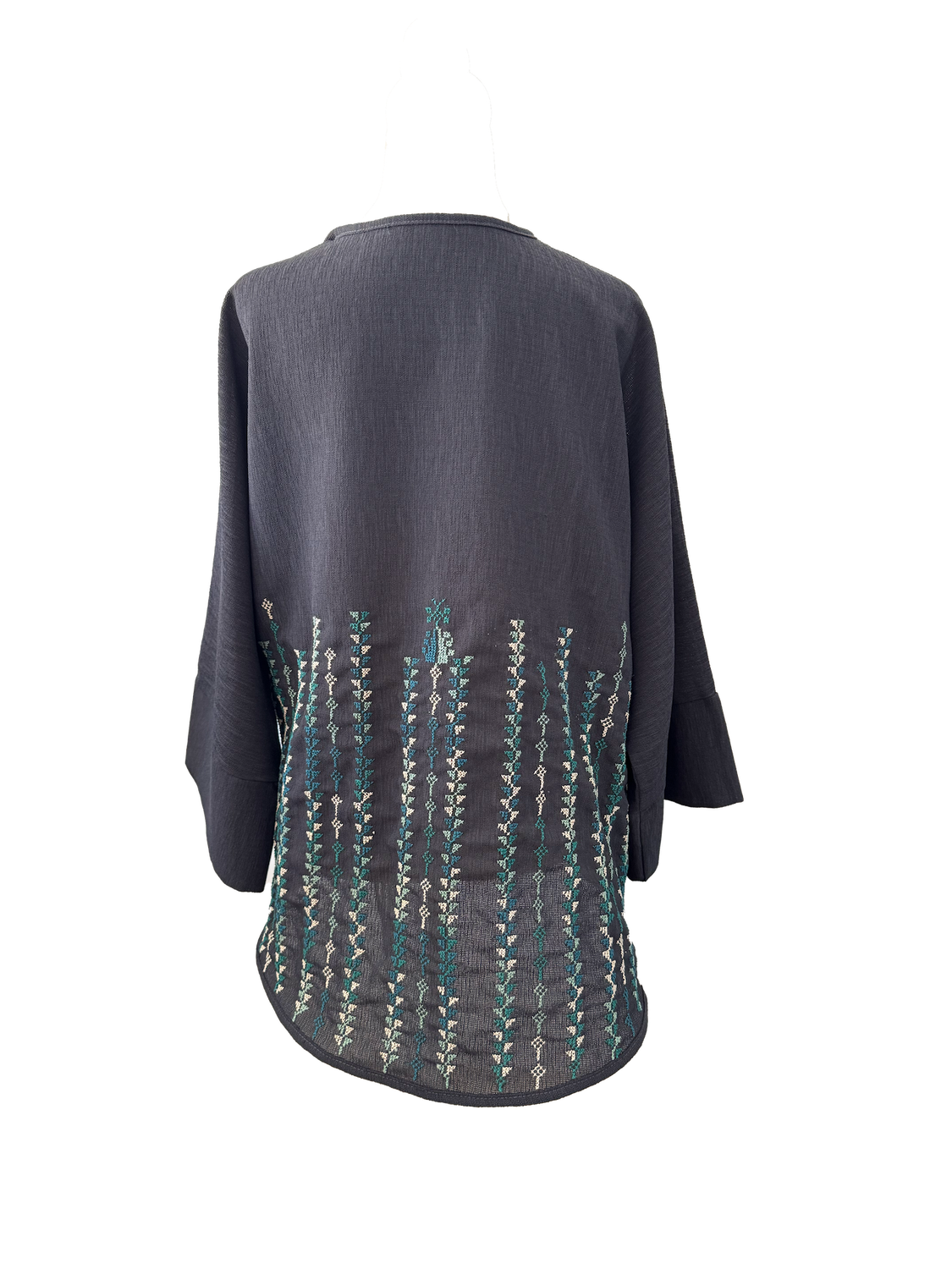 The Oversized Kimono Cut Jacket With Teal Embroidery in Dark Charcoal