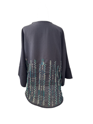 The Oversized Kimono Cut Jacket With Teal Embroidery in Dark Charcoal