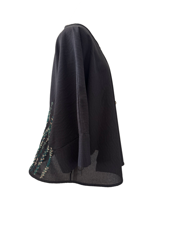 The Oversized Kimono Cut Jacket With Teal Embroidery in Dark Charcoal
