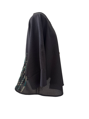 The Oversized Kimono Cut Jacket With Teal Embroidery in Dark Charcoal