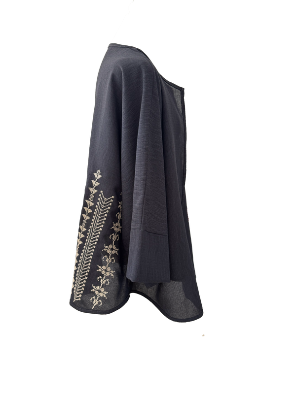 The Oversized Kimono Cut Jacket With White Floral Embroidery in Dark Charcoal”