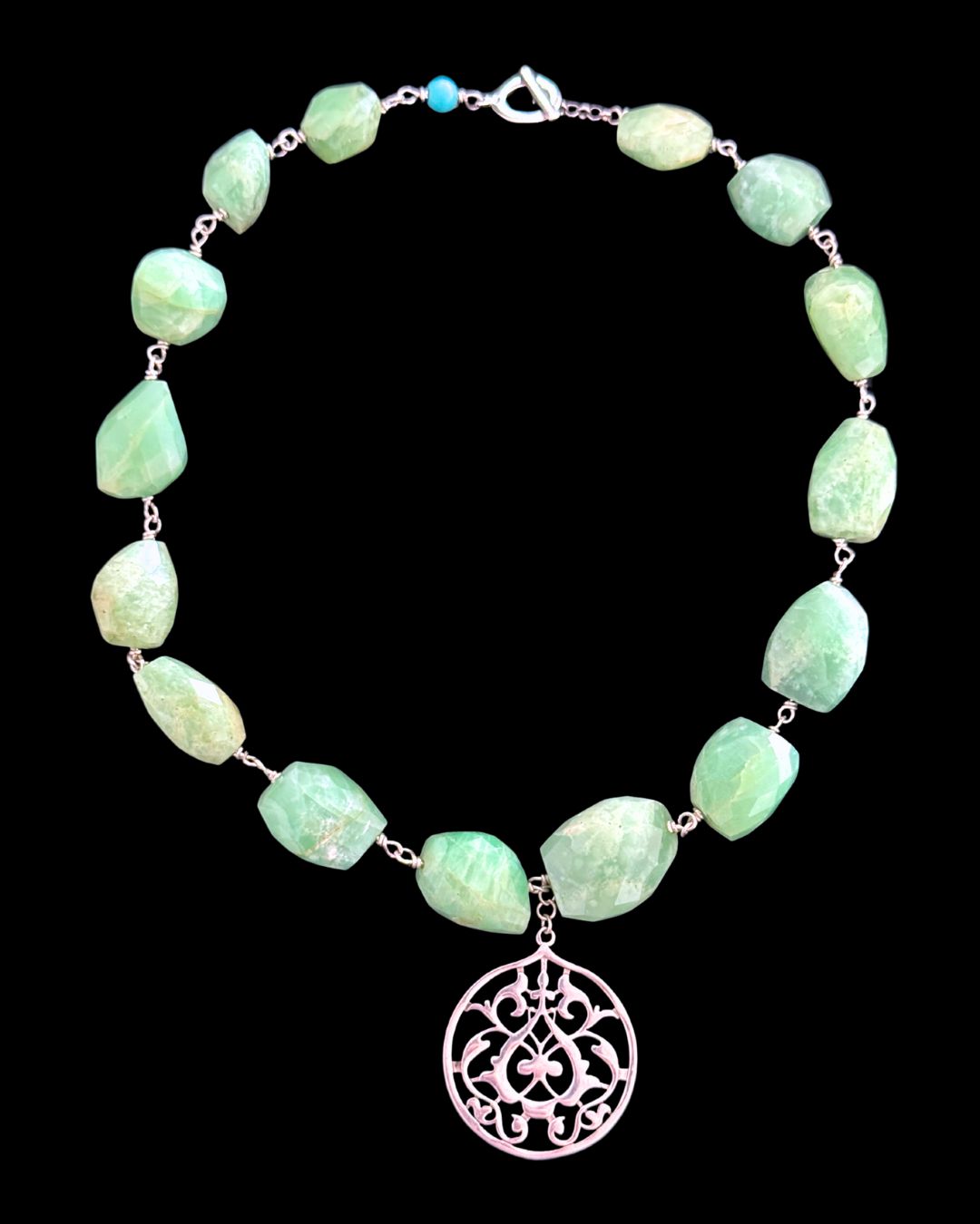 Large Gemstone Necklace with Round Floral Arabesque Pendant