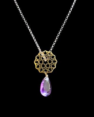 Chain Necklace with Small Gold Plated Cordoba Motif and Amethyst Drop