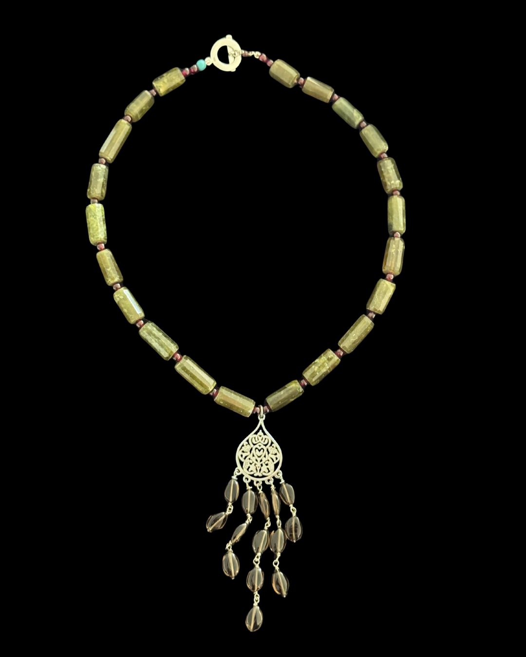 Gemstone Necklace With Small Arabesque Pendant and Gemstone Tassel