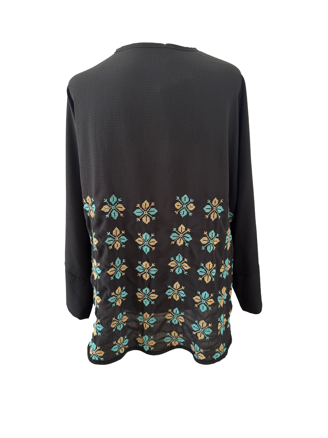 The Oversized Kimono Cut Jacket With Yellow and Teal Embroidery in Sheer Black