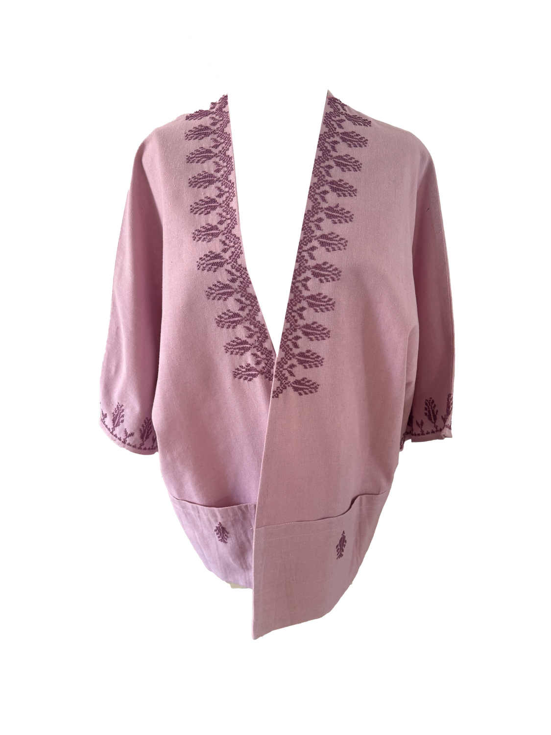 The Short Sleeve Linen Jacket With Vertical Hand Embroidery in Pink