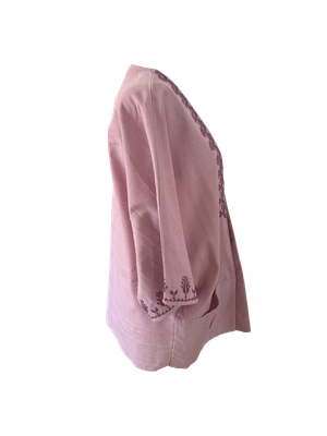 The Short Sleeve Linen Jacket With Vertical Hand Embroidery in Pink
