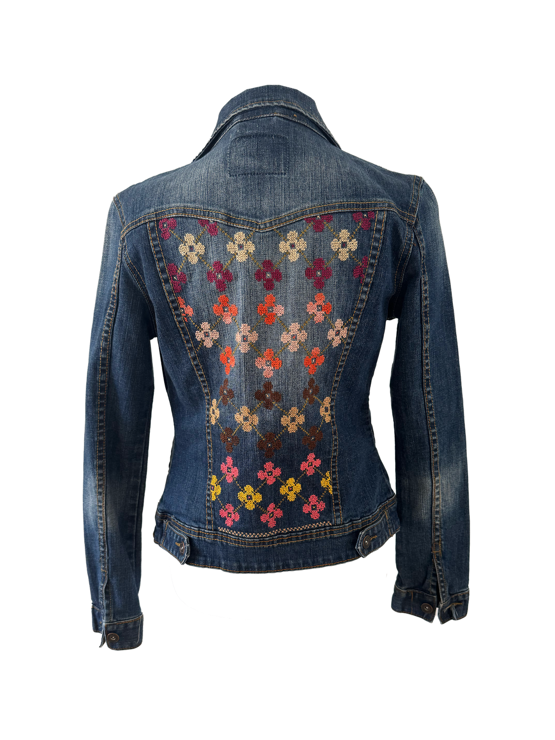 The Lightly Embroidered Denim Jacket in Pink and Yellow