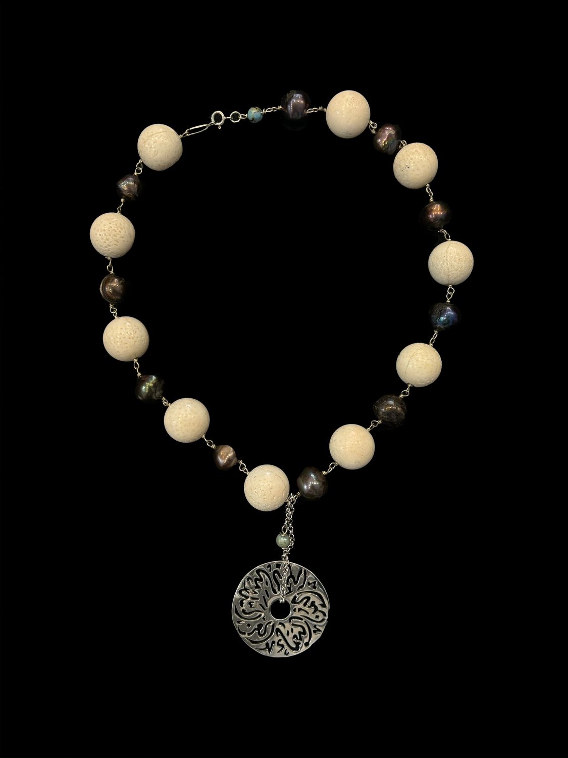 Pearl and Sponge Coral Necklace With Medium Disc