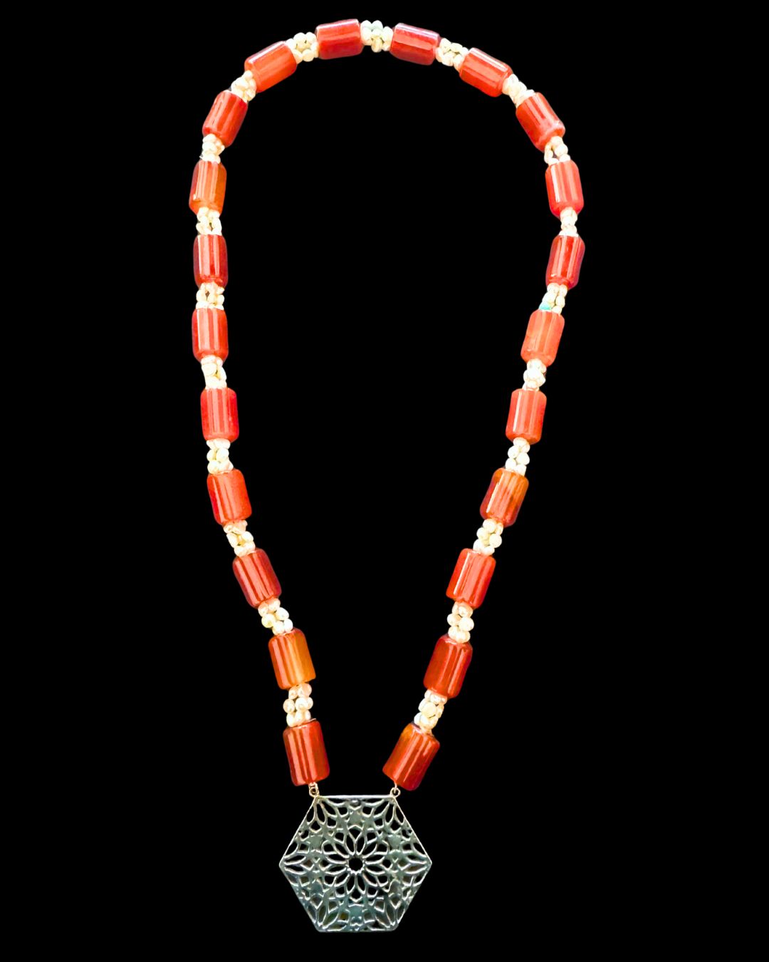 Pearl and Agate Necklace With Silver Hexagon