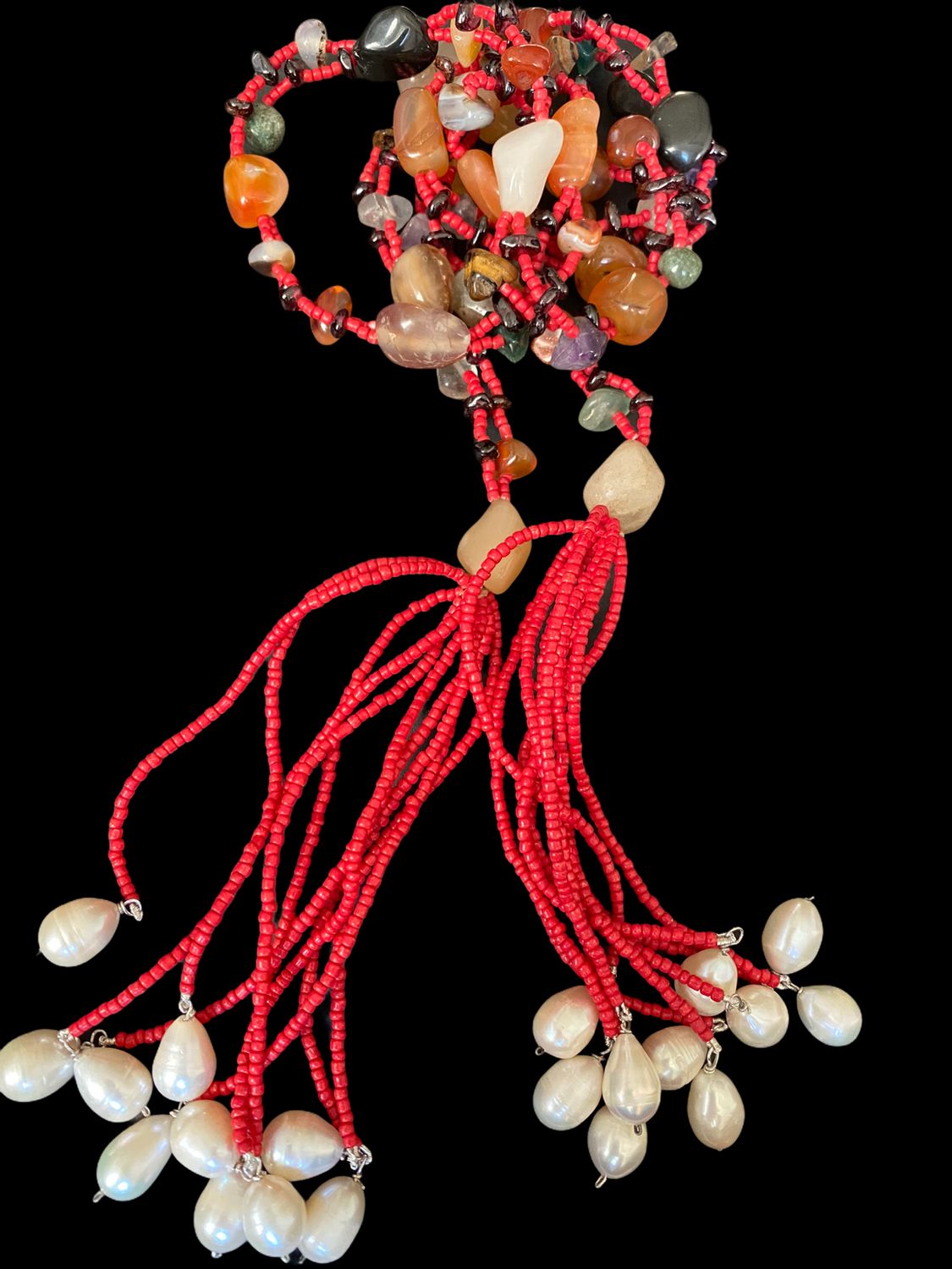 Large Agate Tie Necklace With Bedouin Bead Tassel