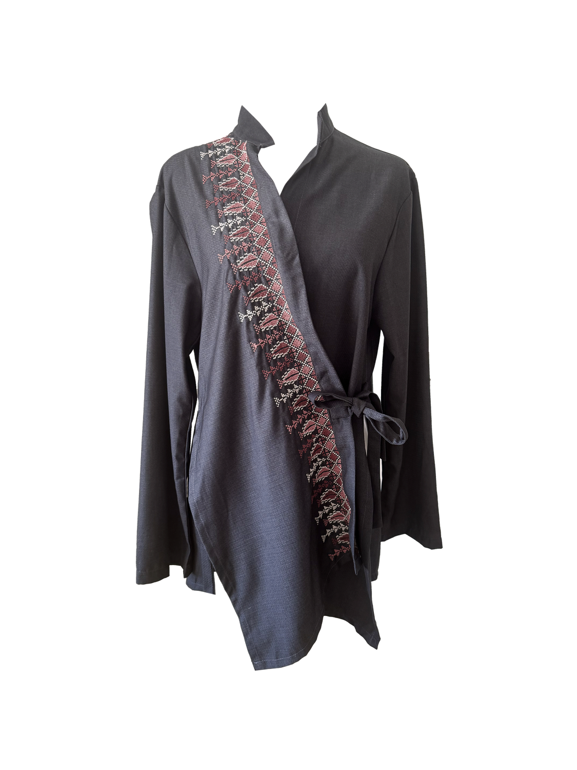 The Hand Embroidered Wrap Shirt in Grey With Pink Embroidery