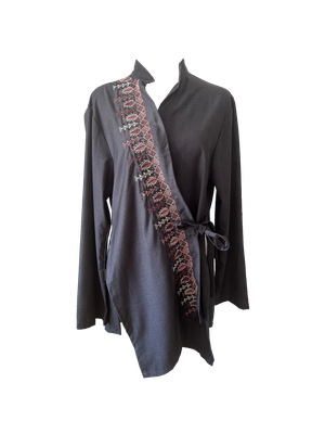The Hand Embroidered Wrap Shirt in Grey With Pink Embroidery