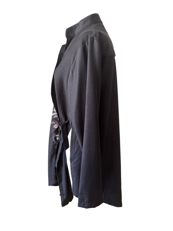 The Hand Embroidered Wrap Shirt in Grey With Pink Embroidery
