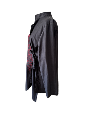 The Hand Embroidered Wrap Shirt in Grey With Red Embroidery