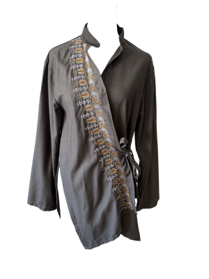 The Hand Embroidered Wrap Shirt in Brown with Beige Embroidery