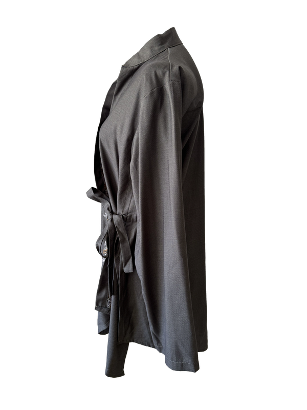 The Hand Embroidered Wrap Shirt in Brown with Beige Embroidery