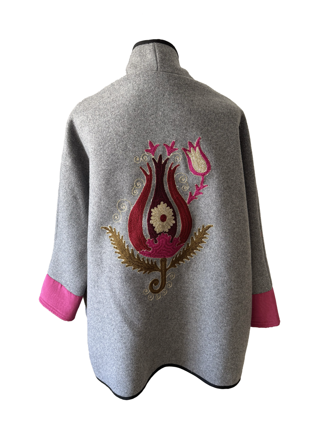 The Round Jacket With Aghabani Embroidery in Grey with Pink Tulip Embroidery on the Back