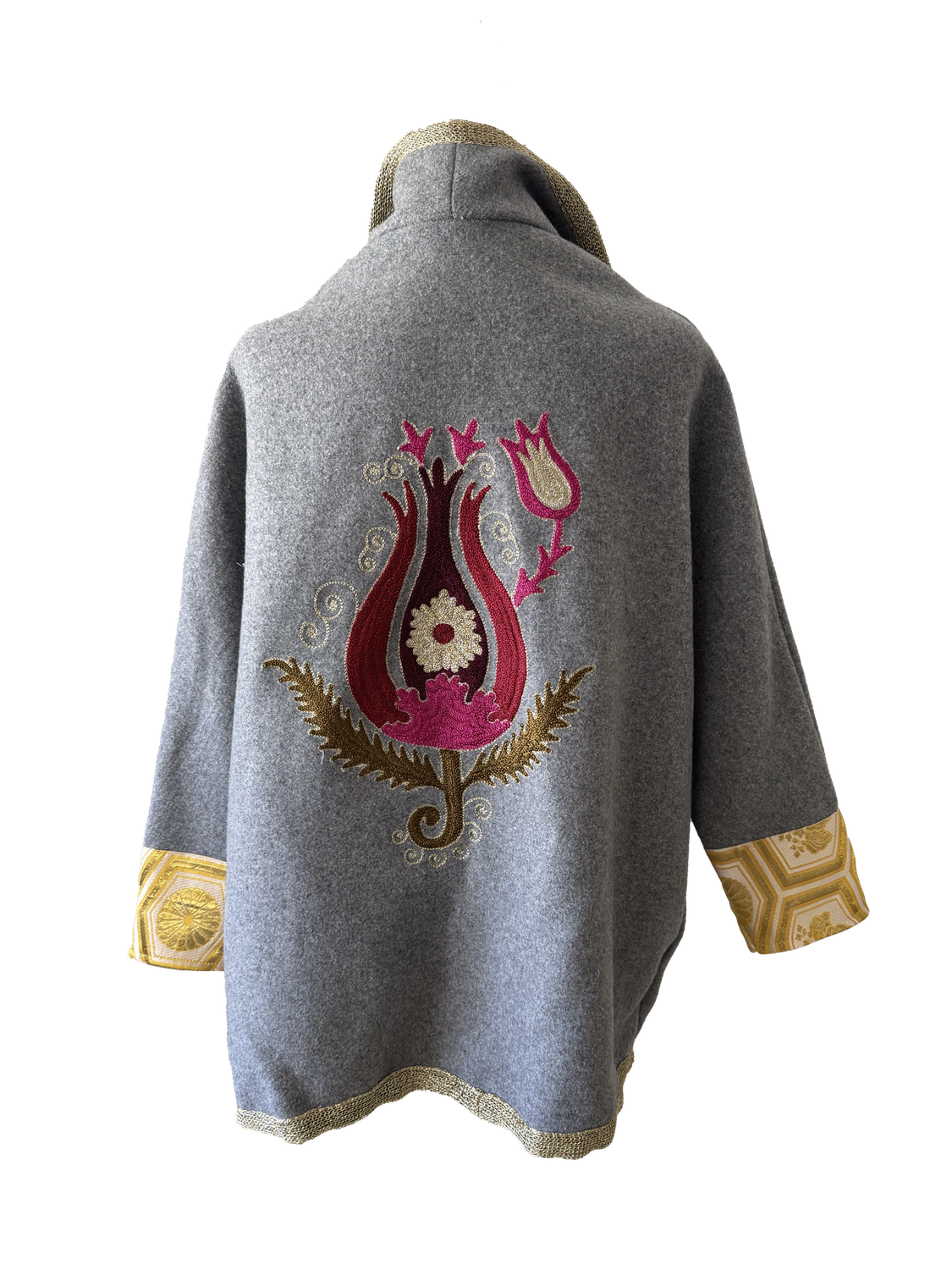 The Round Jacket With Aghabani Embroidery in Grey with Gold Trim and Pink Tulip Embroidery on the Back