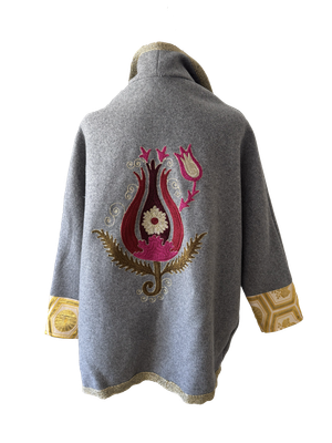 The Round Jacket With Aghabani Embroidery in Grey with Gold Trim and Pink Tulip Embroidery on the Back