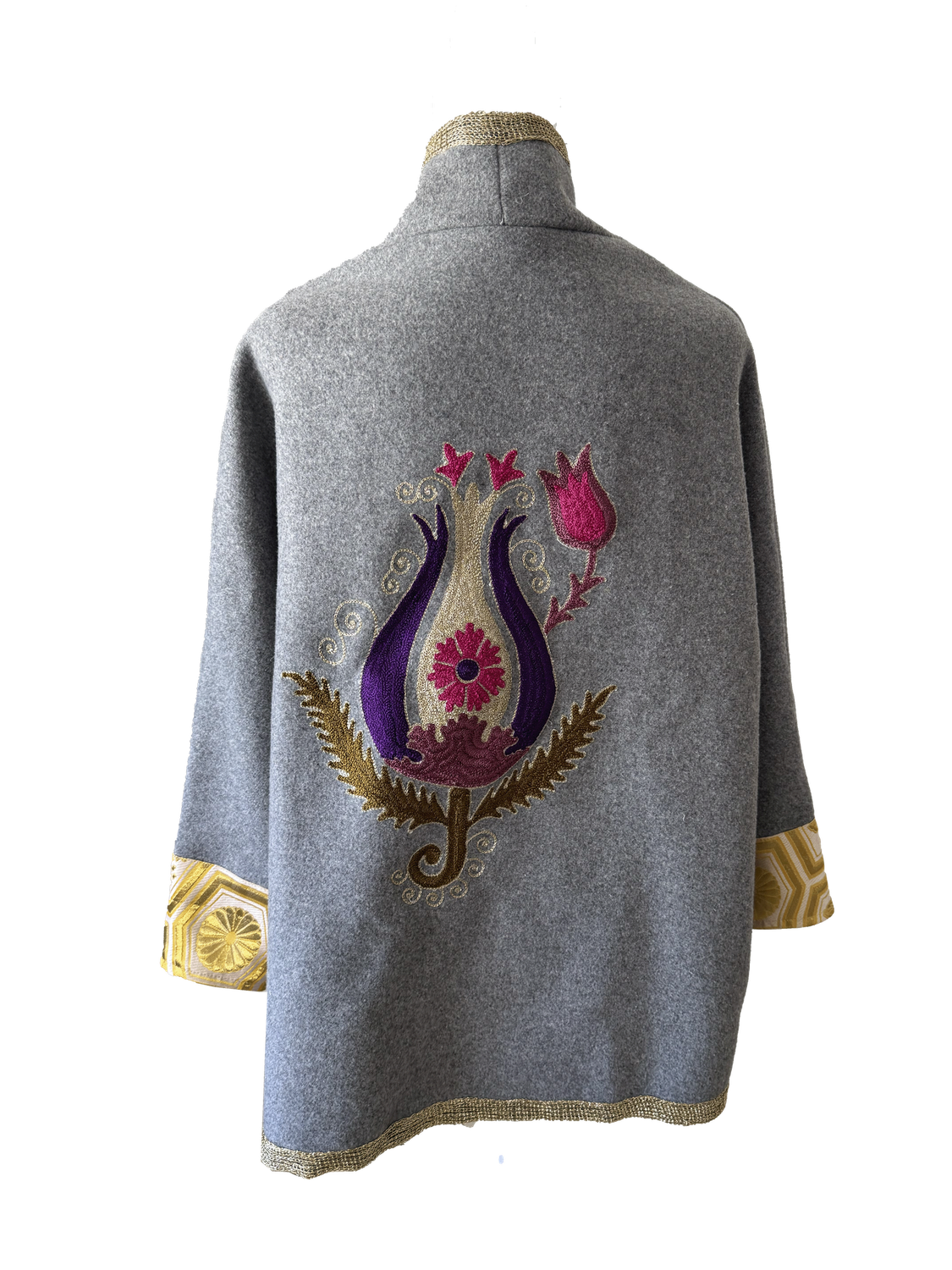 The Round Jacket With Aghabani Embroidery in Grey with Gold Trim and Purple Tulip Embroidery on the Back